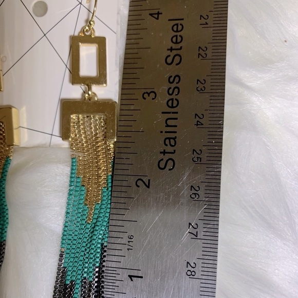 Tassel long gold green metallic plated earrings NEW - Picture 4 of 6